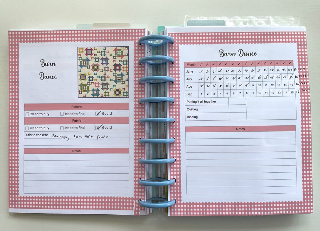 Planning pages for the Chookshed Stitchers 2024 (Sewing) Challenge