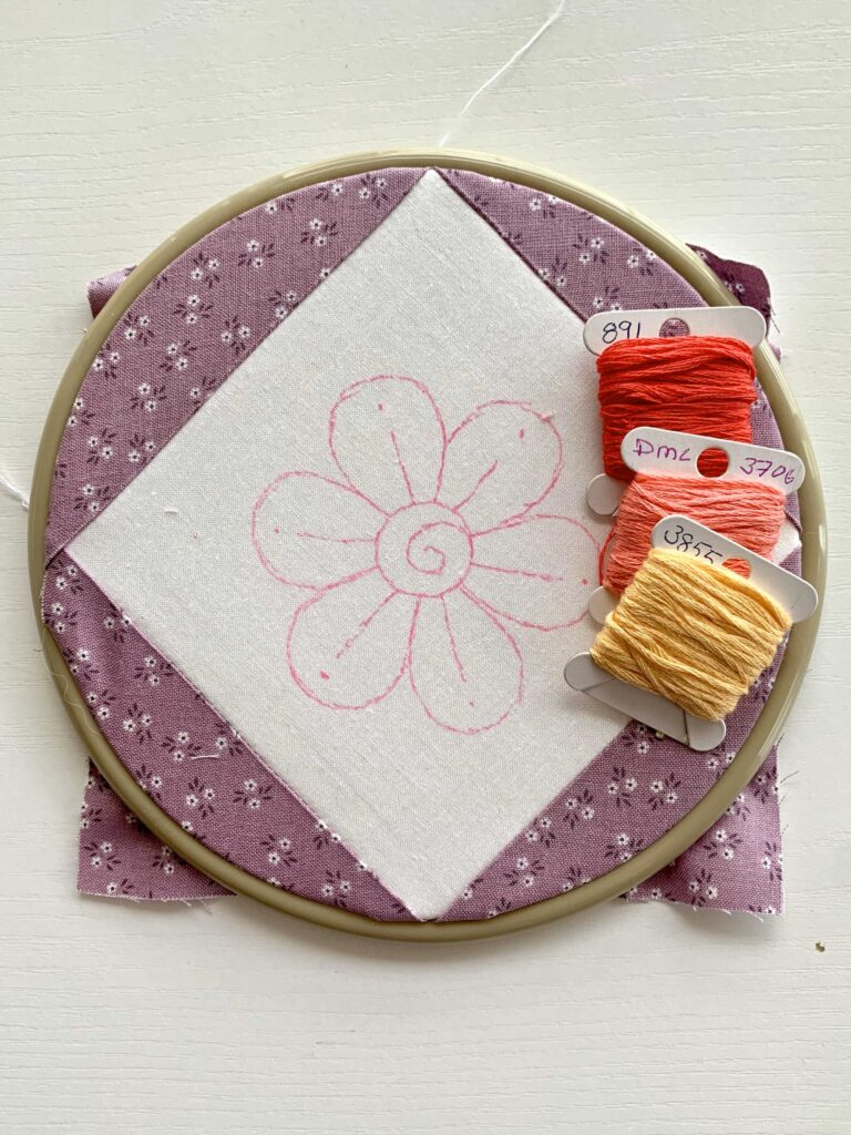 Hand embroidery quilt block with threads ready to stitch #stitcheryquiltblock #stitchery #embroidery #handembroidery #blockofthemonth #2024blockofthemonth #2024bom