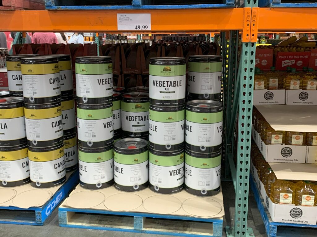 large cans of vegetable oil on a pallet at Costco in Richmond, Melbourne