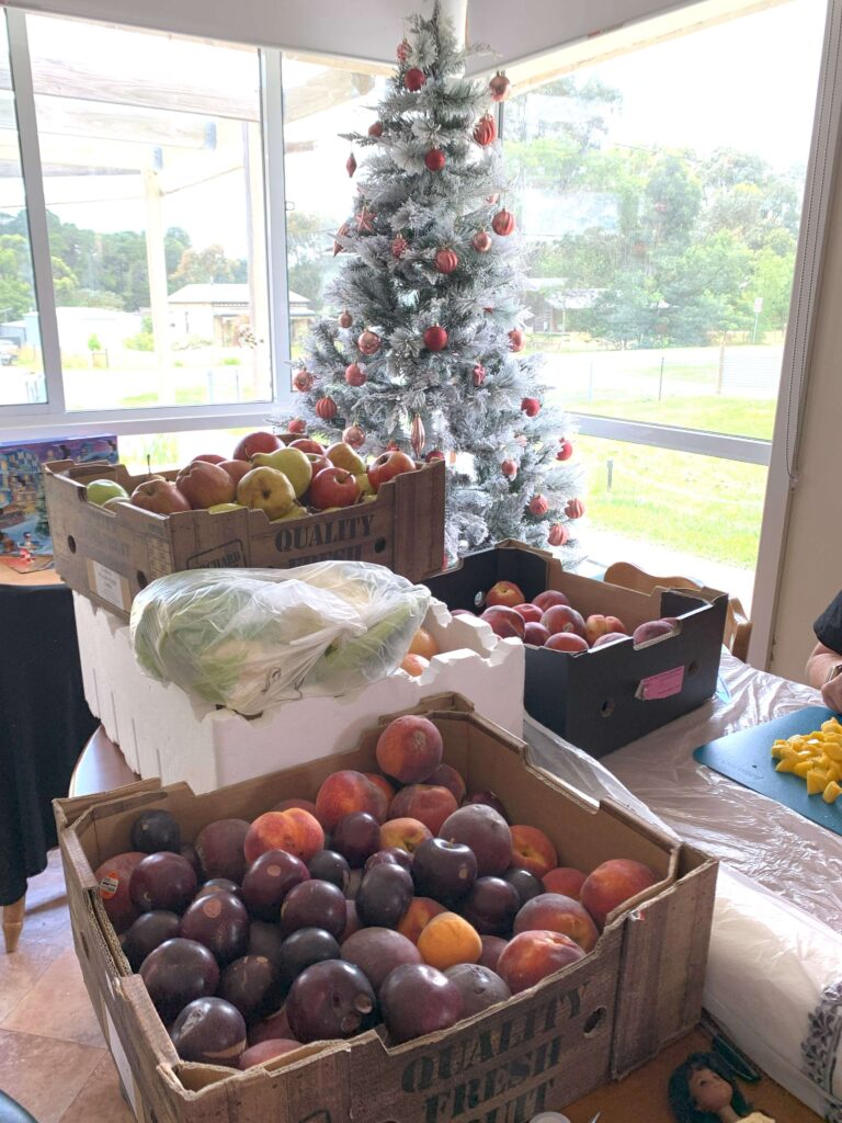 boxes of fruit on kitchen table ready to cut up and preserve