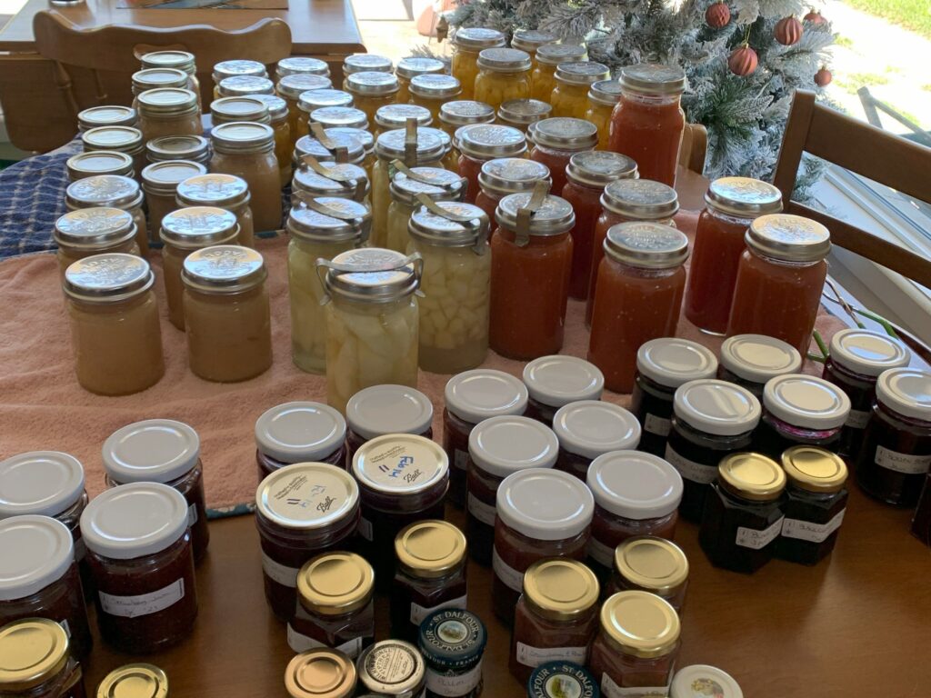 Bottles of homegrown and home made canned fruit, tomatoes, jams and relishes